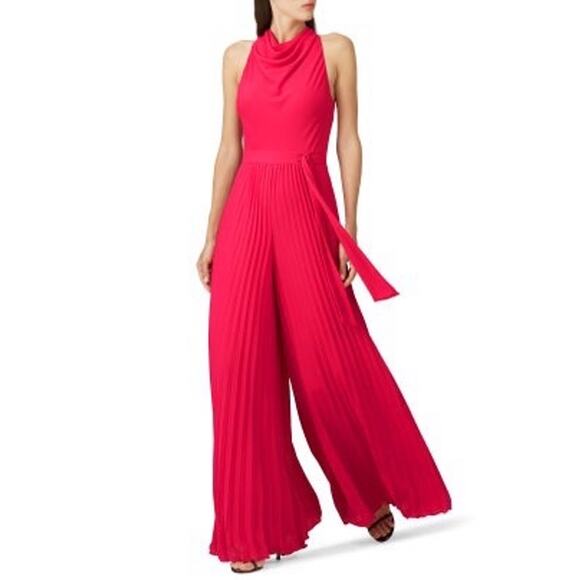 Halston Heritage Sleeveless Cowl Neck Flowy Wide Leg Jumpsuit Neon Pink size 0 - Picture 4 of 16